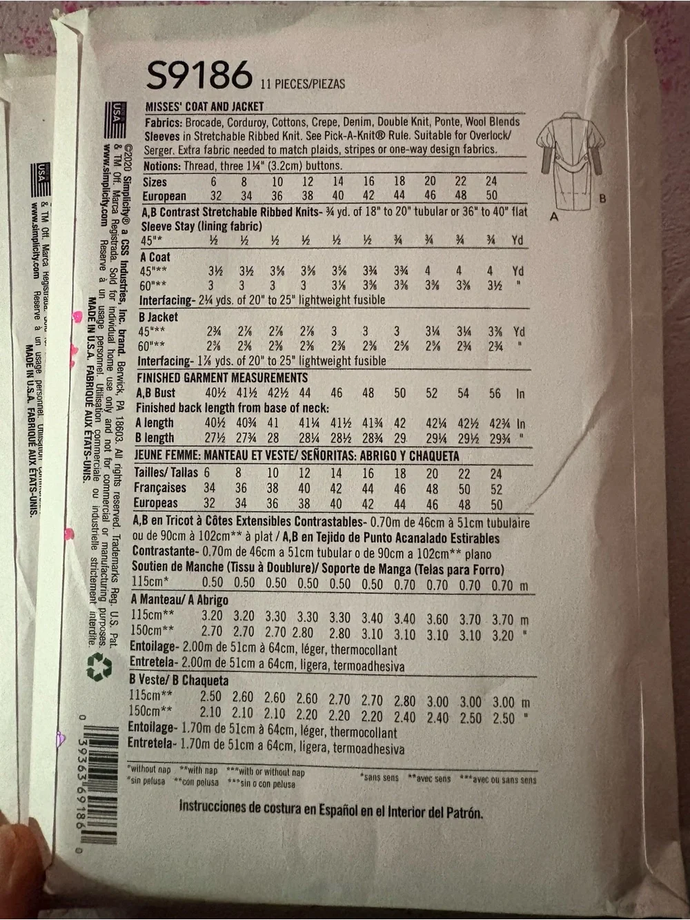 BN UNCUT SIMPLICITY 9186 R5 PLUS SIZE SEWING PATTERNS COAT